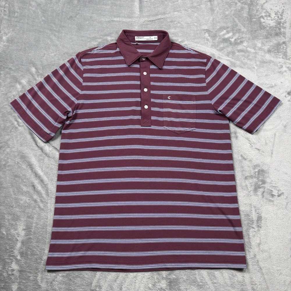 Criquet Mens Players Shirt Striped Polo Pima Cotton Maroon Stripe Size Medium